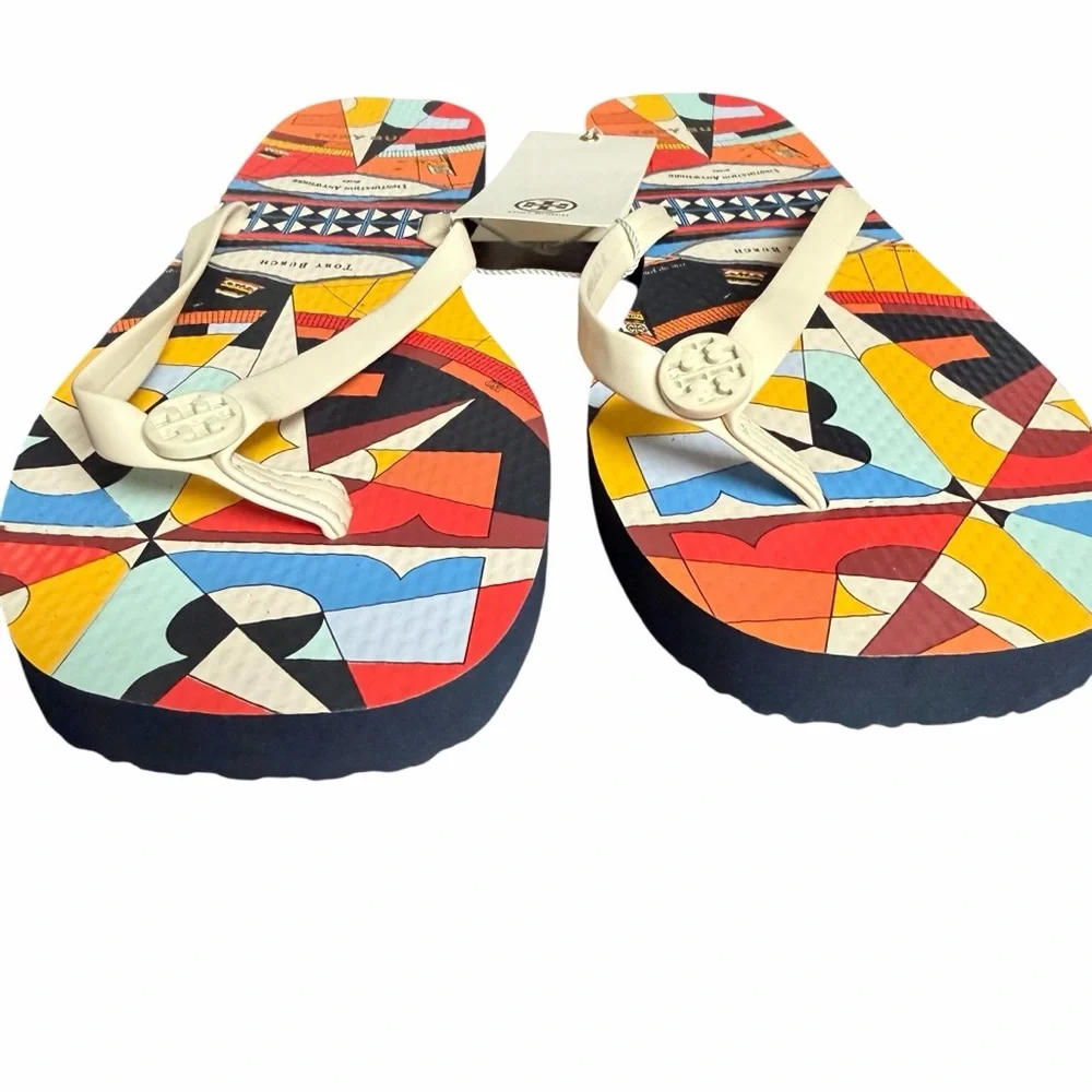Tory Burch Psychedelic Geo Enamel Logo Flip Flops‎ in Ivory Multicolor - NWOB